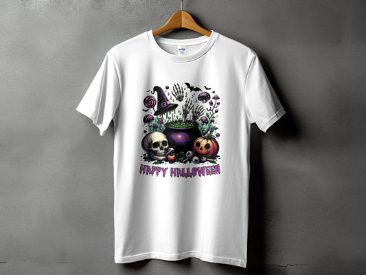 White t-shirt with a Halloween graphic featuring a cauldron, skull, pumpkin, and text.