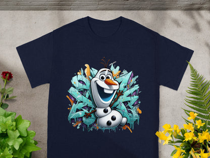Olaf the snowman character from Frozen with colorful graffiti background on a navy t-shirt.