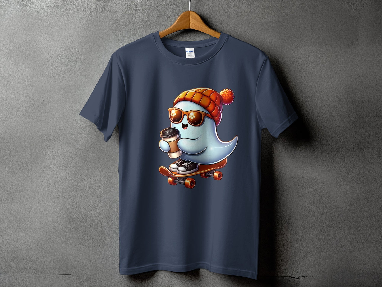 Cartoon ghost with sunglasses and beanie rides skateboard holding coffee.