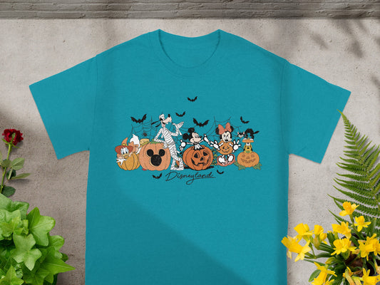 Disneyland t-shirt with Halloween-themed Mickey Mouse characters and pumpkins.