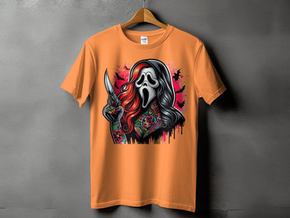 Orange t-shirt with Ghostface holding a knife and floral tattoos.