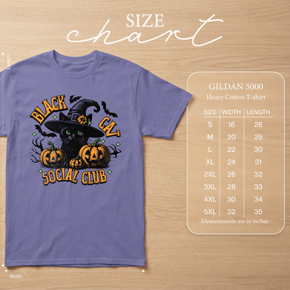 Purple t-shirt with black cat, pumpkins, bats, and "Black Cat Social Club" text.