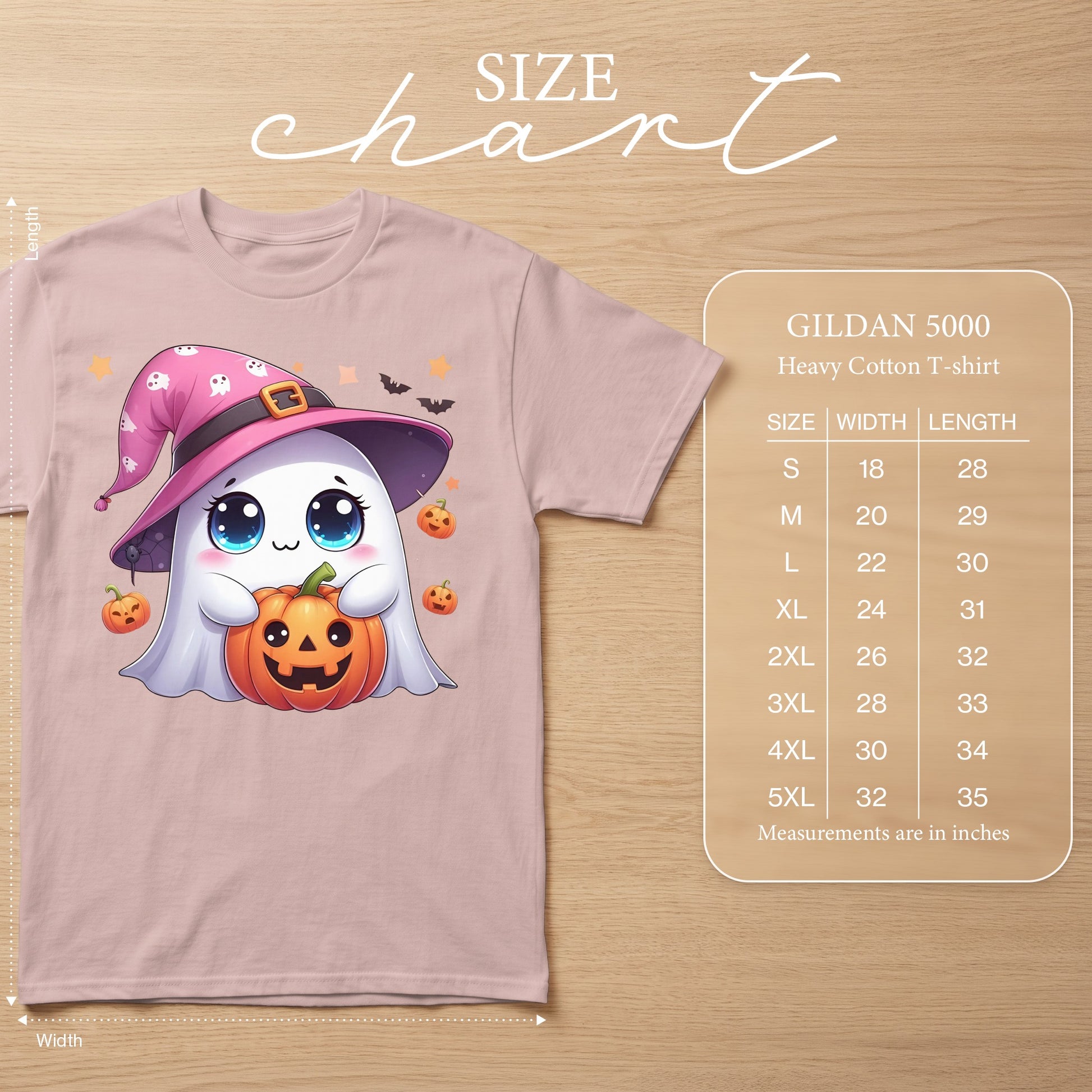 Cute ghost in witch hat holding pumpkin with size chart on Gildan 5000 t-shirt.
