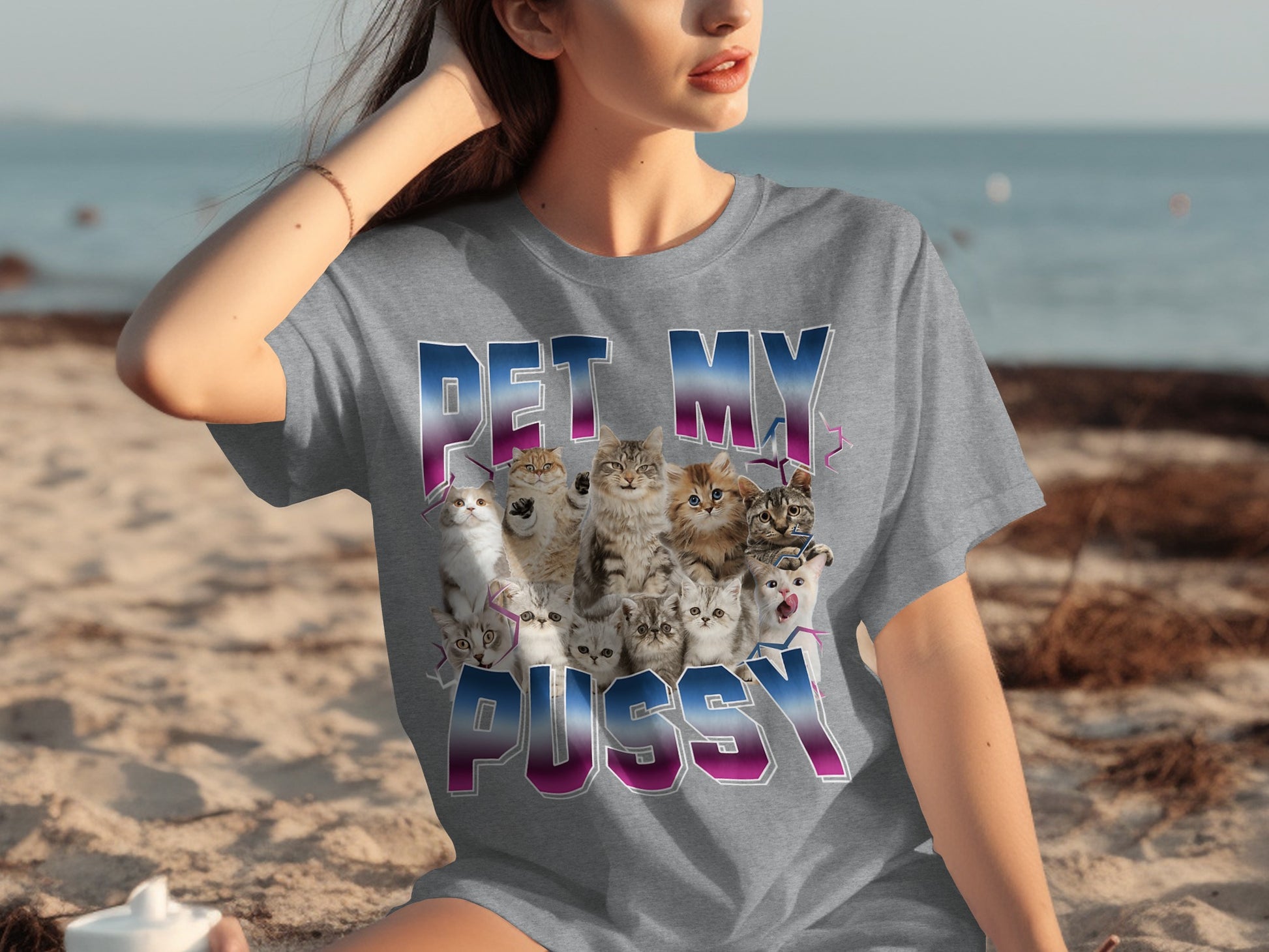 Pet My Pussy Kittens Graphic Grey Shirt