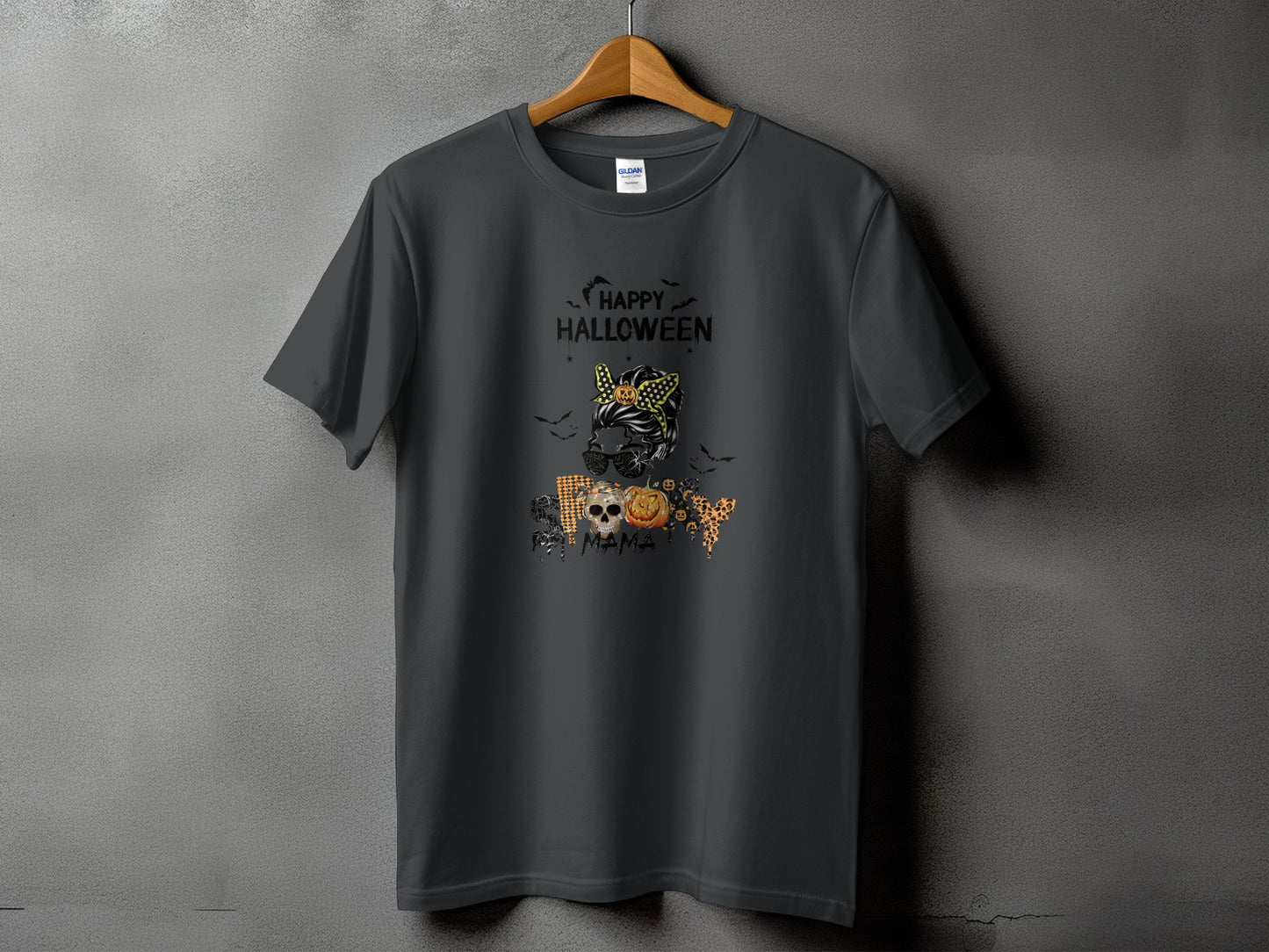 Dark grey t-shirt with "Happy Halloween" and skull, pumpkin, bat graphics.