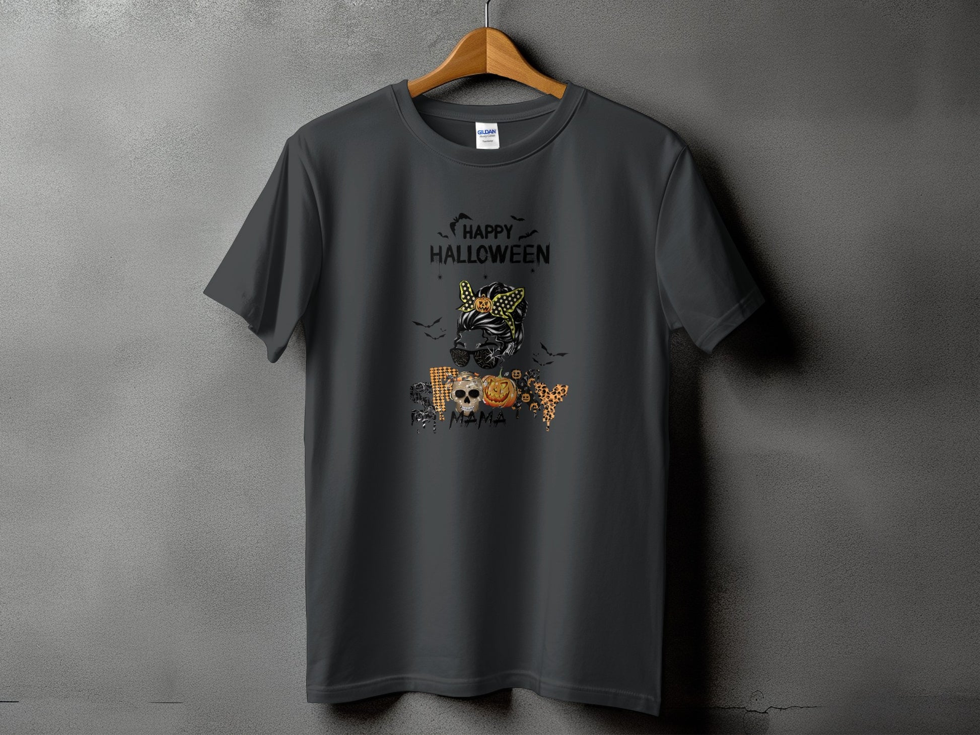 Dark grey t-shirt with "Happy Halloween" and skull, pumpkin, bat graphics.
