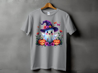 Gray t-shirt featuring a cartoon ghost wearing a witch hat with flowers and pumpkins.