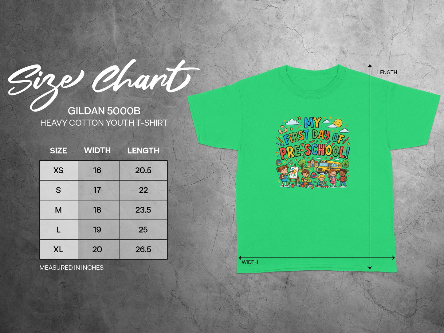 Gildan 5000B youth t-shirt size chart with width and length measurements in inches.