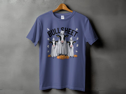 Three cows in ghost costumes with pumpkins and ghosts, "Bull Sheet" text.