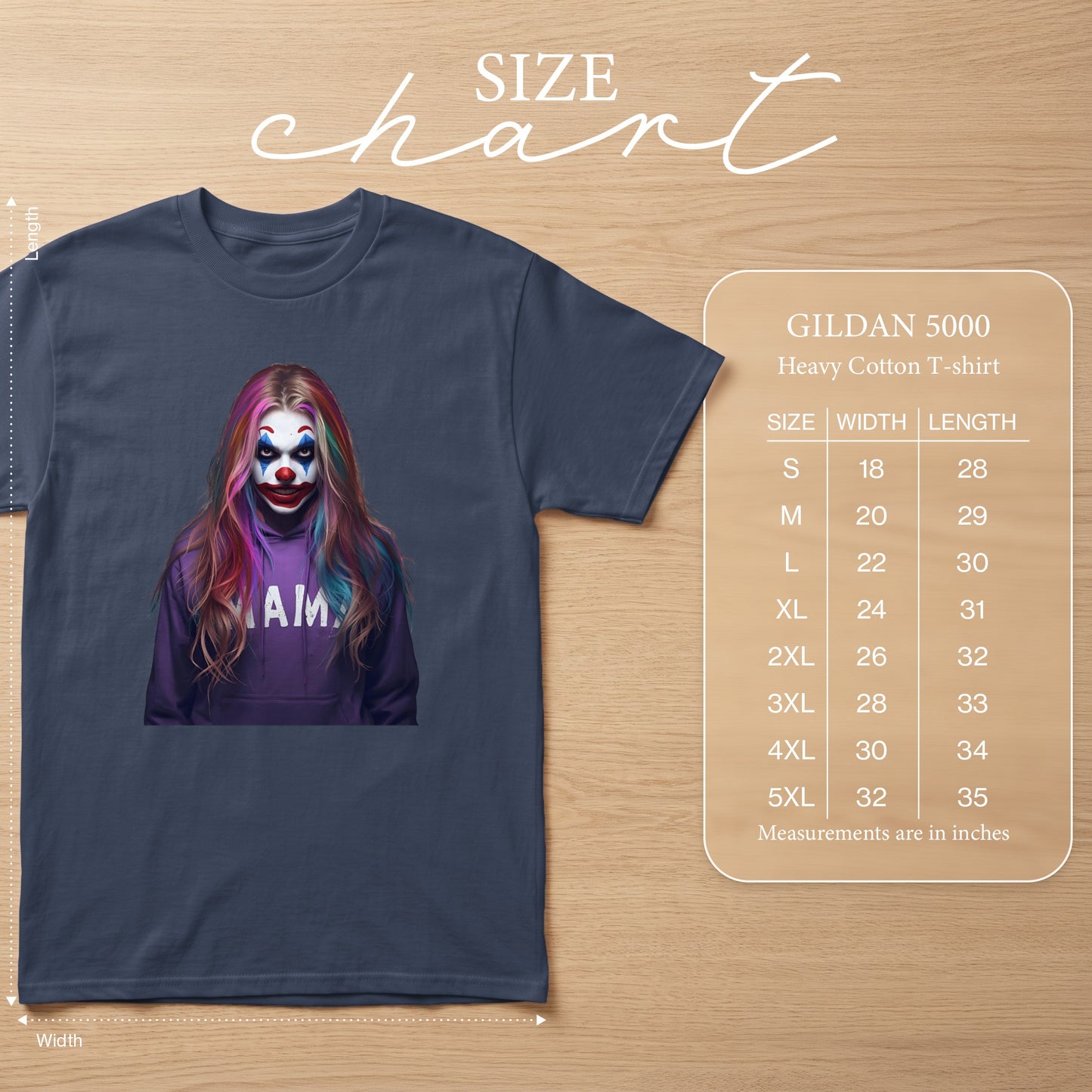 Navy t-shirt featuring a person with clown makeup and colorful hair, with Gildan 5000 size chart.