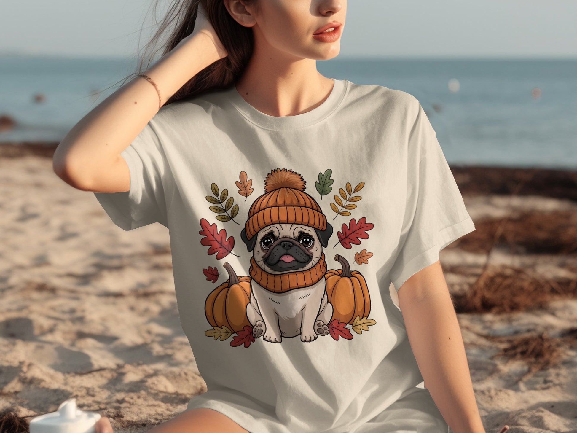 Cute Autumn Pug with Pumpkin Design T-Shirt Product