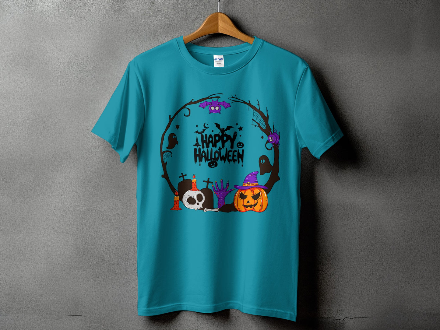 Teal t-shirt with "A Happy Halloween" text and spooky Halloween graphics.