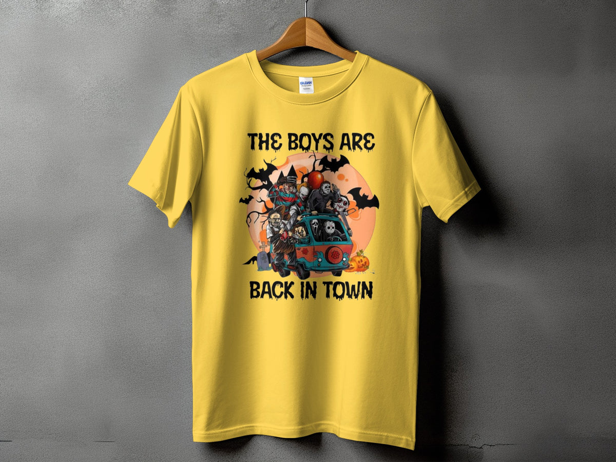 Yellow t-shirt with horror characters in a van and "The Boys Are Back In Town" text.
