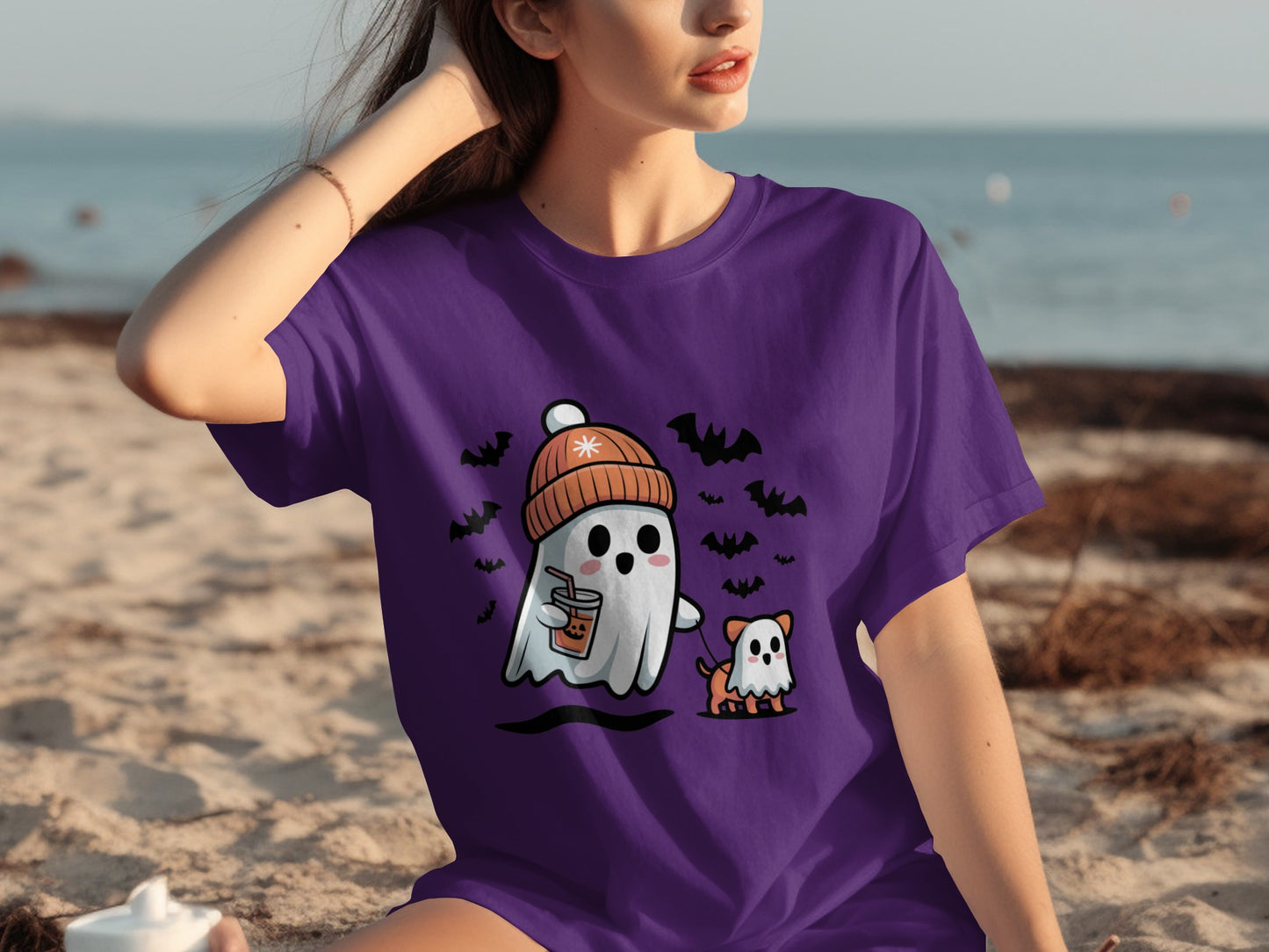Cute Ghost and Puppy Beach Scene Graphic Shirt