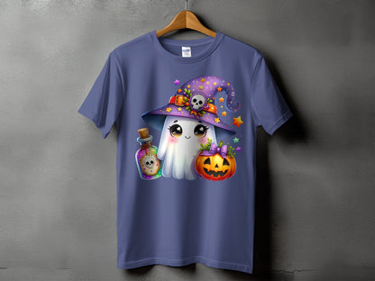 T-shirt with a cute ghost, pumpkin, potion bottle, and Halloween hat design.