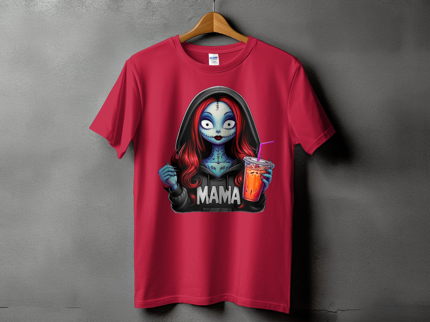 Crimson t-shirt with graphic of a spooky character with red hair holding a drink with text "MAMA".