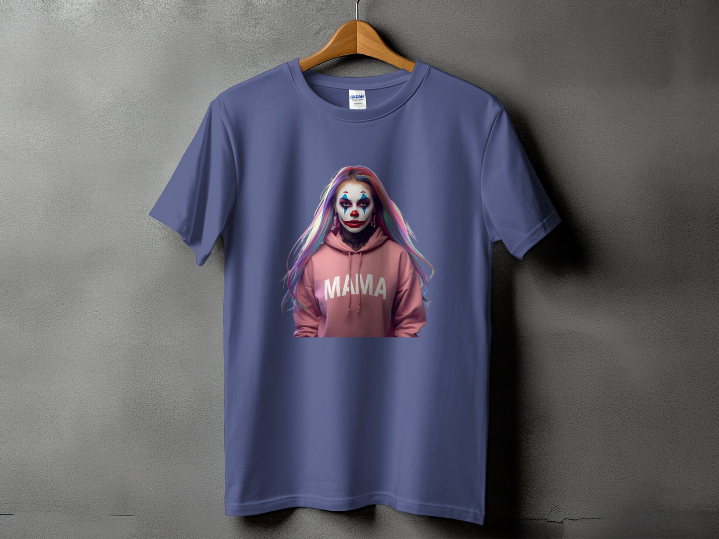 Purple t-shirt with graphic of woman in pink hoodie with "MAMA" text.