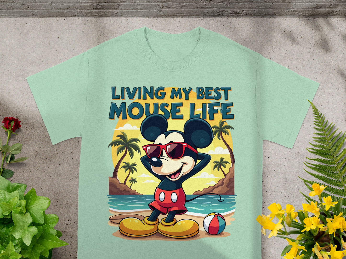 Mickey Mouse on a beach with text "Living My Best Mouse Life".