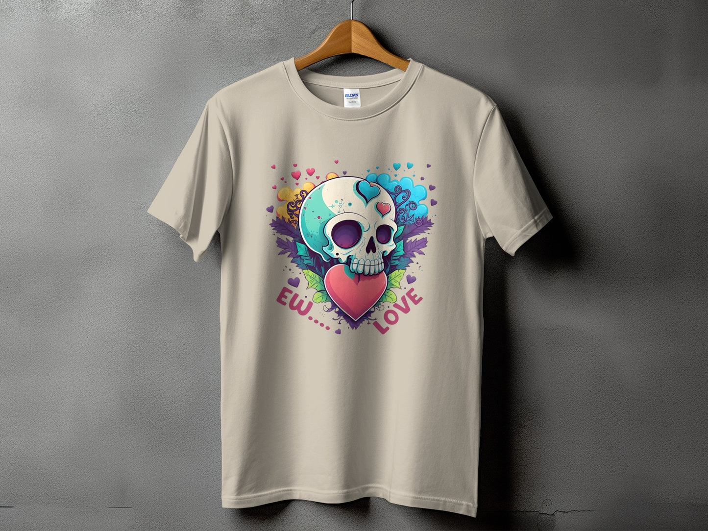 Light tan t-shirt with a skull holding a heart and "Ew... Love" text.