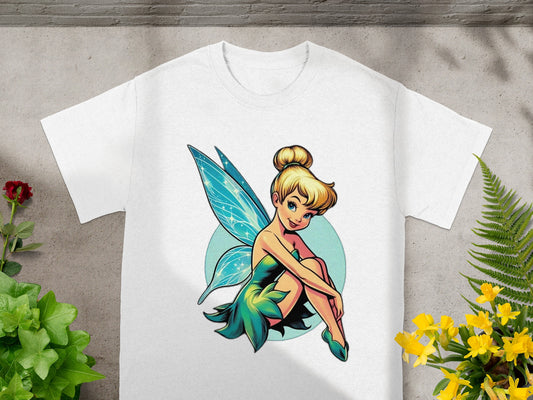 White t-shirt with a cartoon of Tinkerbell.