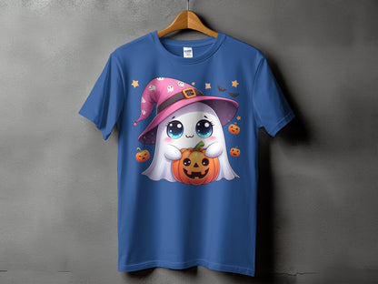 Blue t-shirt with a cute ghost wearing a witch hat holding a pumpkin.