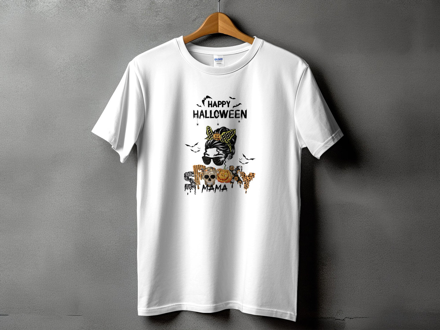 White t-shirt with "Happy Halloween" and Halloween graphics, "Spooky Mama" text.