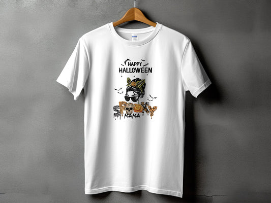 White t-shirt with "Happy Halloween" and Halloween graphics, "Spooky Mama" text.