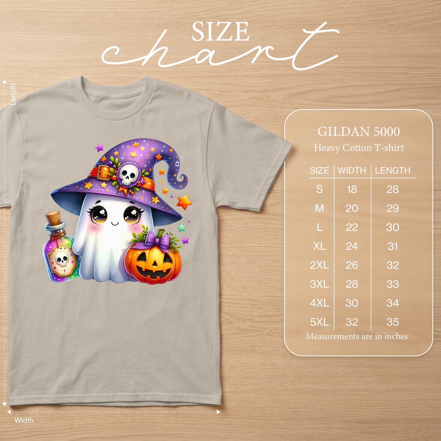 Ghost with witch hat, pumpkin, and potion on Gildan 5000 heavy cotton t-shirt with size chart.