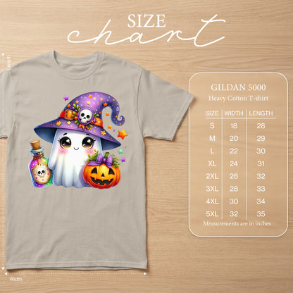 Ghost with witch hat, pumpkin, and potion on Gildan 5000 heavy cotton t-shirt with size chart.