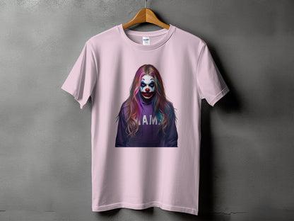 Pink t-shirt with a graphic of a clown wearing a purple hoodie with "MAIM" on it.