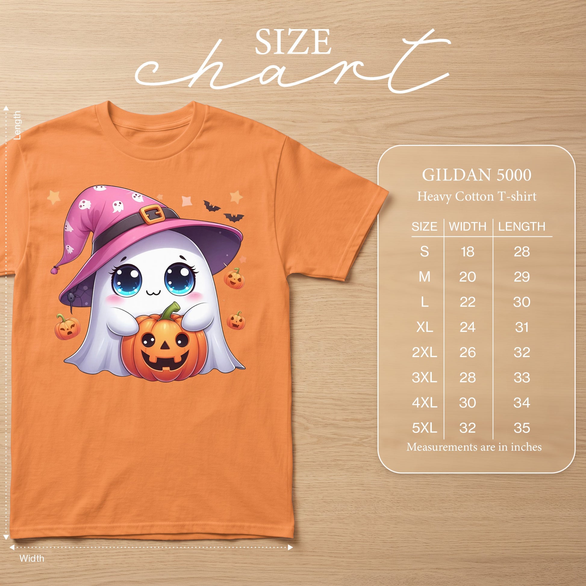 Orange t-shirt with a cute cartoon ghost wearing a witch hat and holding a pumpkin.