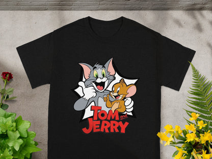 Black t-shirt with Tom and Jerry cartoon characters giving a thumbs up.