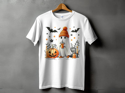 White t-shirt with Halloween ghost, pumpkin, bats, and RIP tombstone graphic.