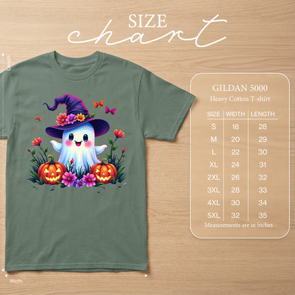 Ghost with witch hat and pumpkins on a Gildan 5000 Heavy Cotton T-shirt size chart.
