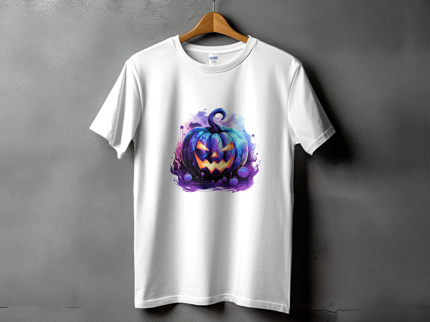 White t-shirt with a blue and purple glowing jack-o'-lantern design.