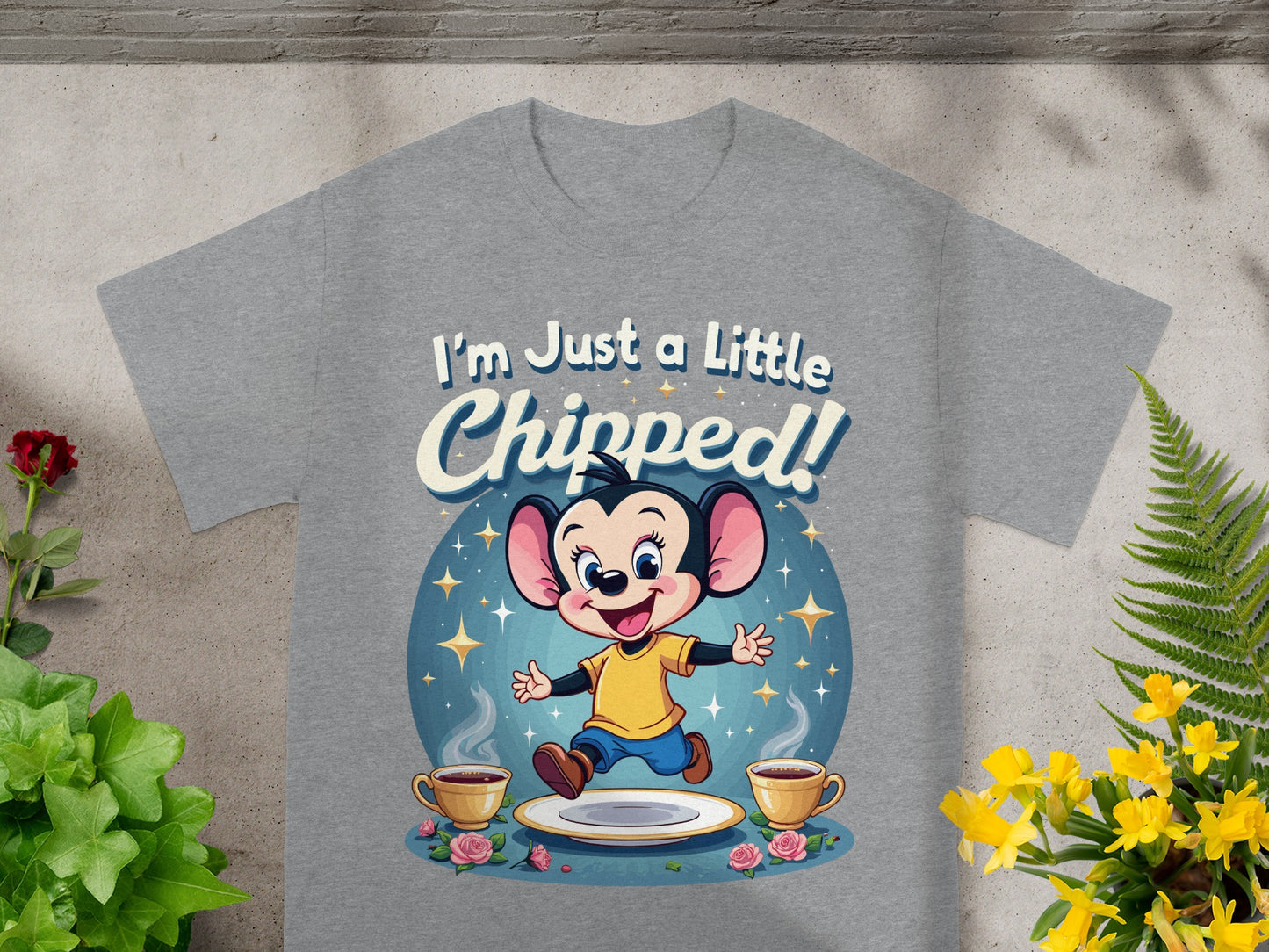 Cartoon mouse with text "I'm Just a Little Chipped!" on a t-shirt.