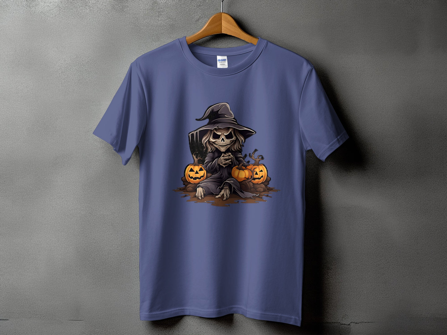 T-shirt with cartoon grim reaper and pumpkins Halloween graphic.