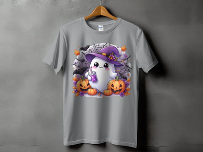 Ghost with purple witch hat holding drink surrounded by pumpkins, bats, and cobwebs.
