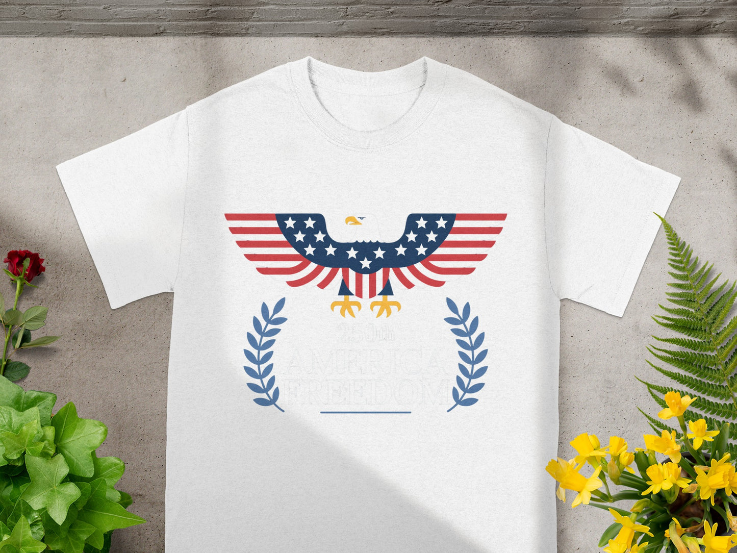 White t-shirt with eagle and "America's Freedom" text.