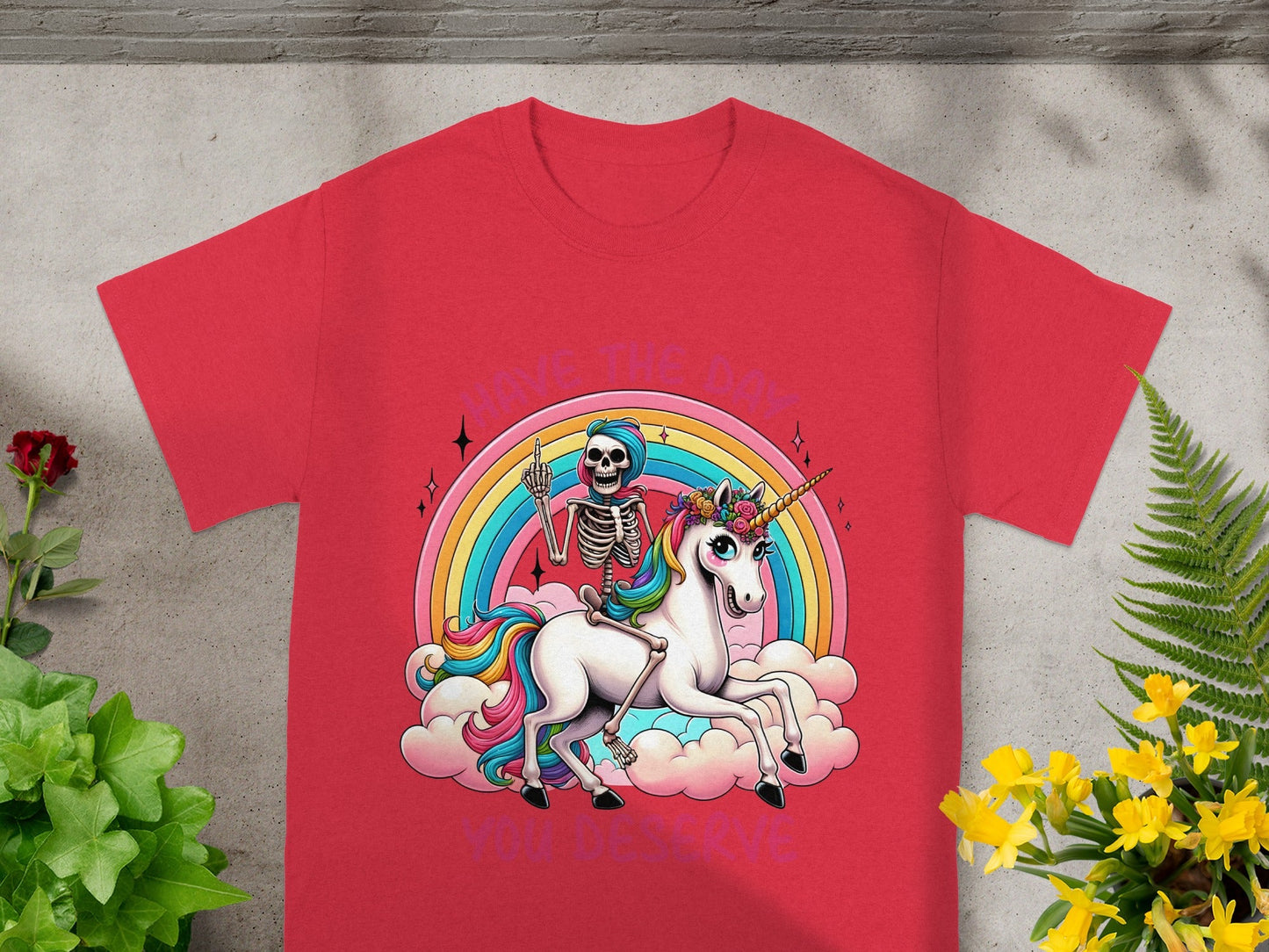 Skeleton Riding Unicorn Rainbow Graphic T-shirt