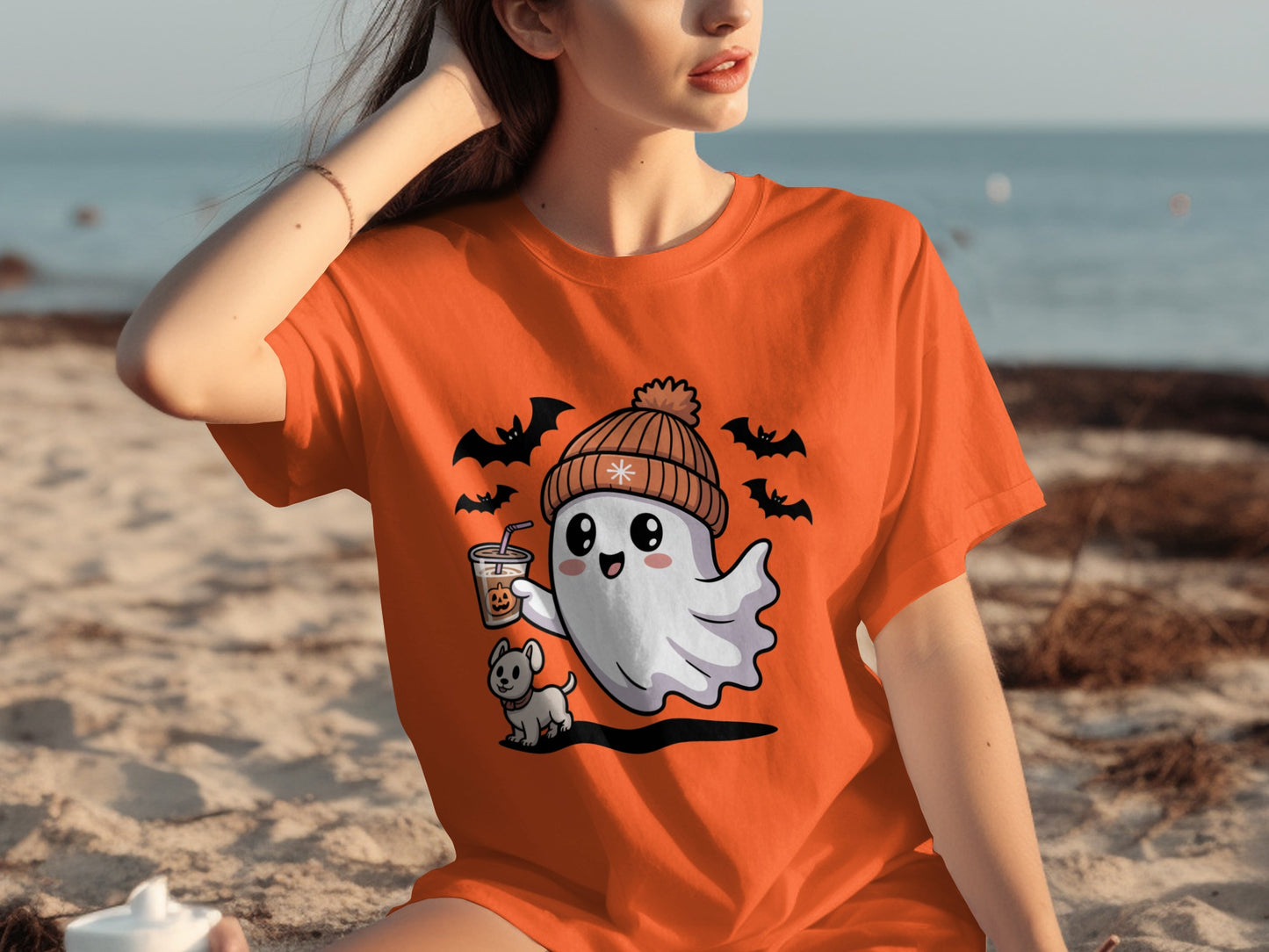 Cute Ghost with Hat Pumpkin Drink Dog Halloween T-shirt