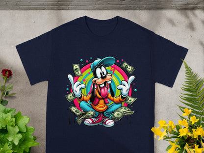 Goofy character in colorful shirt and hat sitting on money.
