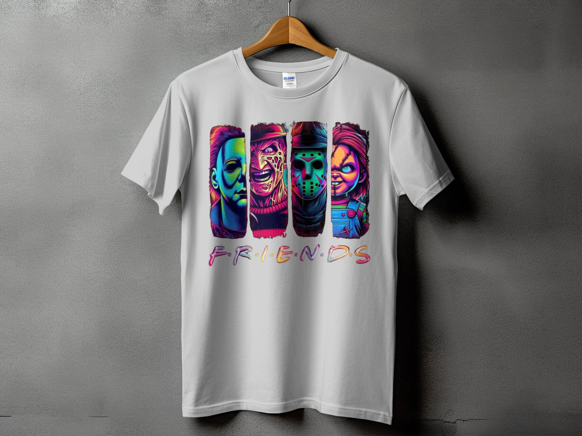 White t-shirt with horror characters Michael Myers, Freddy Krueger, Jason Voorhees, and Chucky, and the word FRIENDS.