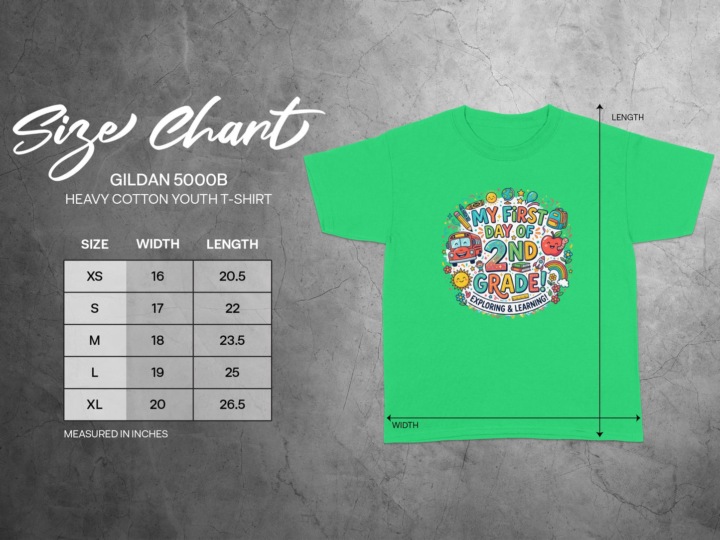 Gildan 5000B youth t-shirt with "My First Day of 2nd Grade" graphics and size chart.