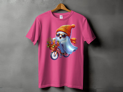 Ghost wearing sunglasses and a hat rides a bicycle with flowers.