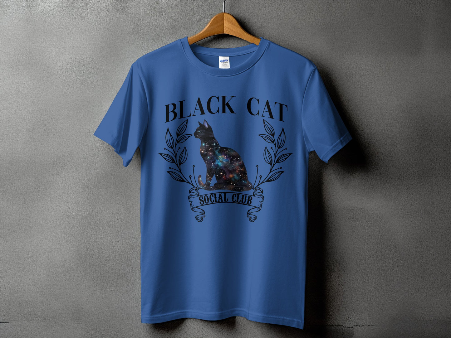 Blue t-shirt with a black cat graphic and text "BLACK CAT SOCIAL CLUB".