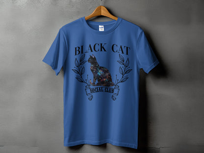 Blue t-shirt with a black cat graphic and text "BLACK CAT SOCIAL CLUB".