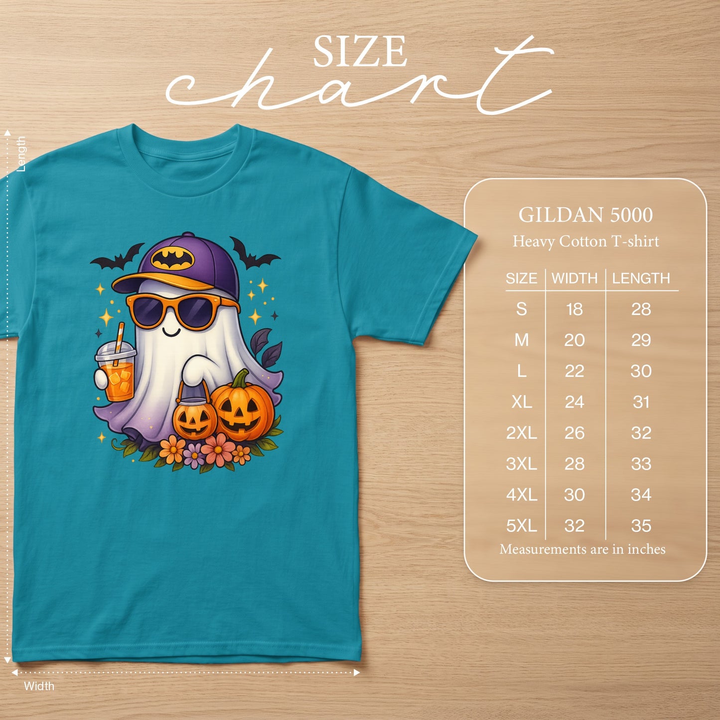 Teal t-shirt with a cartoon ghost wearing a Batman hat and sunglasses, holding a drink. Size chart included.