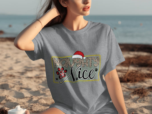 Naughty Or Nice Leopard Print Santa Hat T-Shirt