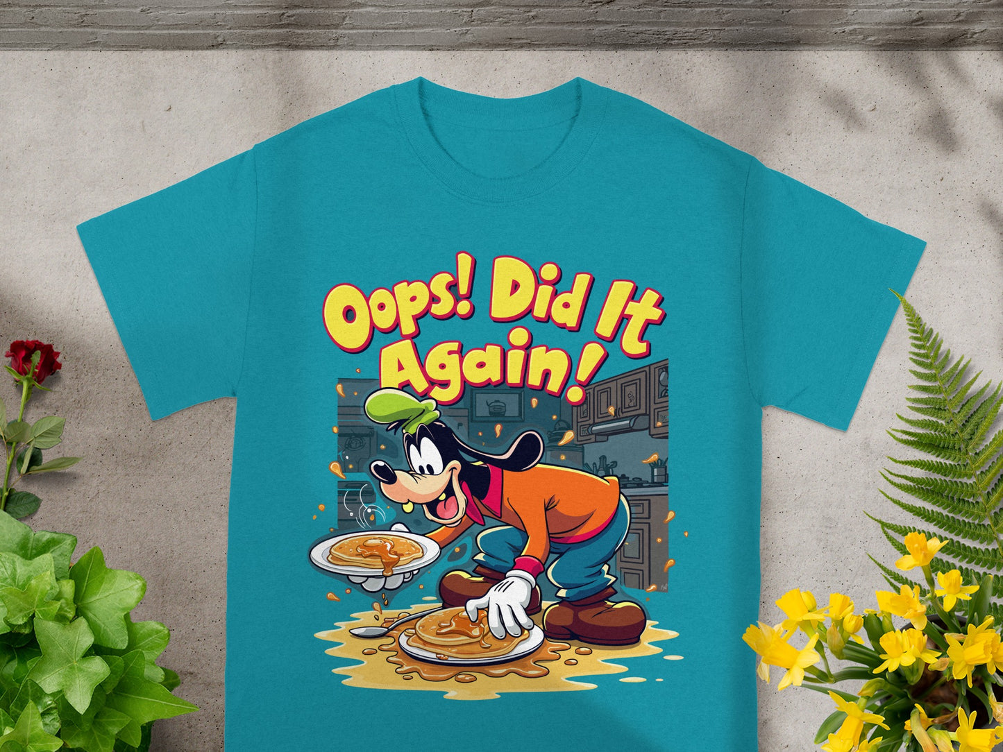 Goofy t-shirt with "Oops! Did It Again!" text and pancakes.